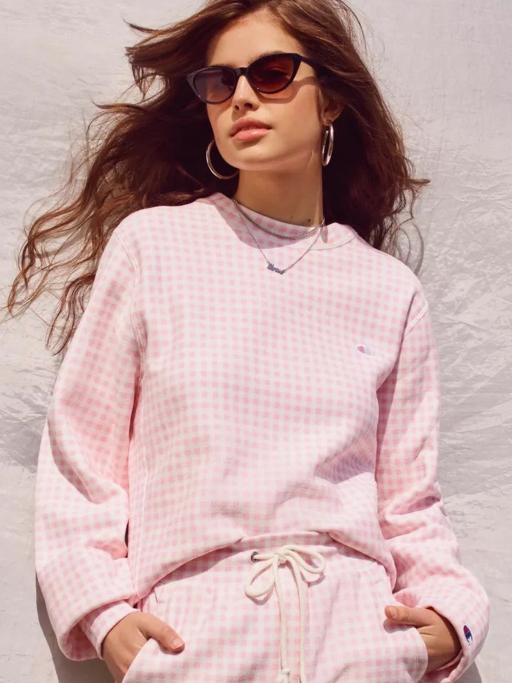 Champion + HVN for Urban Outfitters Gingham Crew-Neck Sweatshirt Pink Size S